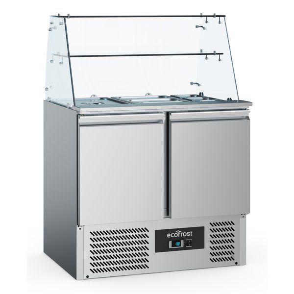 Saladette met glasopstand RVS 240L  | 2 deurs | 2x 1/1 GN | Statisch | 900x700x850(h)mm