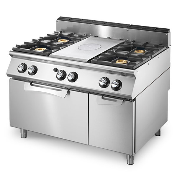 Gasfornuis | 4 Branders + 1 Kookplaat | 2x 5.5kW + 2x 3.5kW + 6kW | Met Statische Gasoven 8kW 2/1 GN | 1200x730x870(h)mm