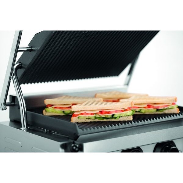Contact/Paninigrill MDI 1R | Geribbeld | 2.2kW | Grillplaten Gietijzer/Geëmailleerd | 410x400x200(h)mm