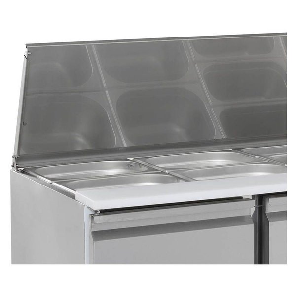 Saladette | 368L | 3 Deuren (1/1 GN) | Boven 4x 1/1 GN | +2°C/+8°C | Statisch + Ventilator | Schuif-/Klapdeksel + Snijblad | 1365x700x876(h)mm