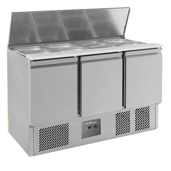 Saladette | 368L | 3 Deuren (1/1 GN) | Boven 4x 1/1 GN | +2°C/+8°C | Statisch + Ventilator | Schuif-/Klapdeksel + Snijblad | 1365x700x876(h)mm