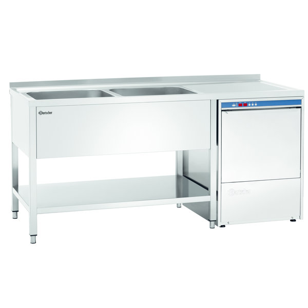 RVS spoelwerktafel met 2 spoelbakken links en bodemschap | Achteropstand en ruimte voor vaatwasser | 1800x700x850(h)mm