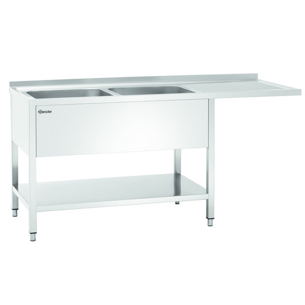 RVS spoelwerktafel met 2 spoelbakken links en bodemschap | Achteropstand en ruimte voor vaatwasser | 1600x700x850(h)mm