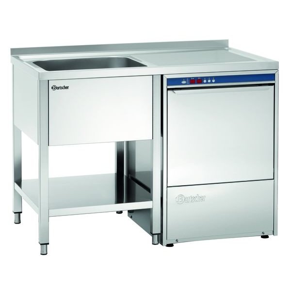 RVS spoelwerktafel met 1 spoelbak links em bodemschap | Achteropstand en ruimte voor vaatwasser | 1200x700x850(h)mm