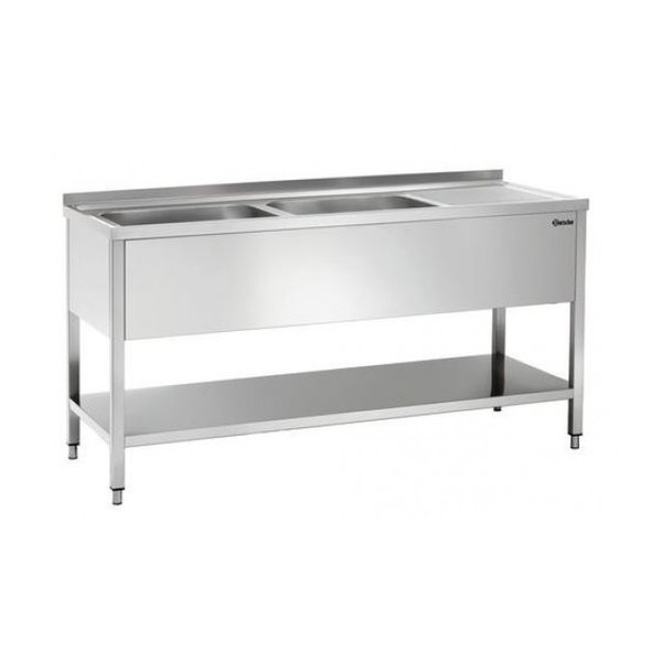 RVS spoelwerktafel met 2 spoelbakken links en bodemschap + achteropstand | 1800x700x850(h)mm