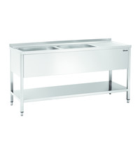 Bartscher RVS spoelwerktafel met 2 spoelbakken links en bodemschap + achteropstand | 1600x700x850(h)mm