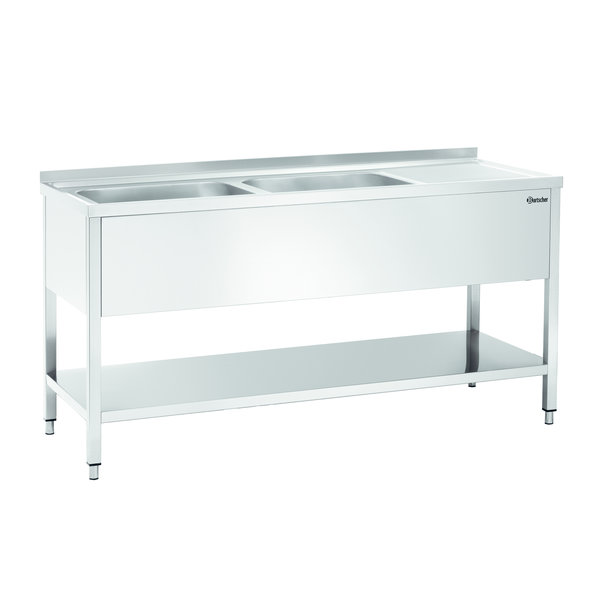 RVS spoelwerktafel met 2 spoelbakken links en bodemschap + achteropstand | 1600x700x850(h)mm