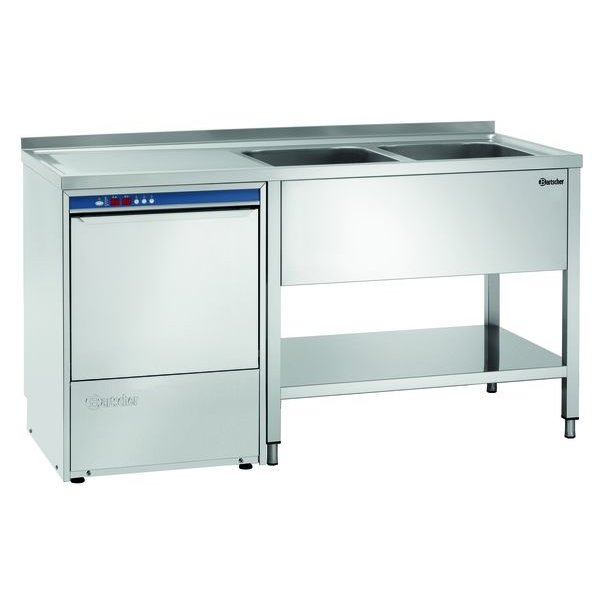 RVS spoelwerktafel met 2 spoelbakken rechts en bodemschap | Achteropstand en ruimte voor de vaatwasser | 1600x700x850(h)mm