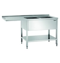 Bartscher RVS spoelwerktafel met 2 spoelbakken rechts en bodemschap | Achteropstand en ruimte voor de vaatwasser | 1600x700x850(h)mm