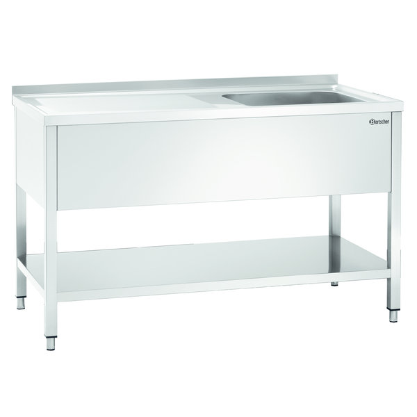 RVS spoelwerktafel met 1 spoelbak rechts en bodemschap + achteropstand | 1400x700x850(h)mm