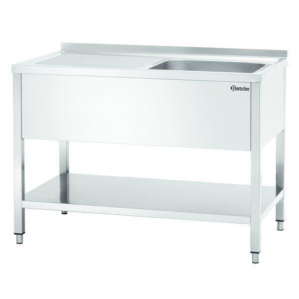 RVS spoelwerktafel met 1 spoelbak rechts en bodemschap + achteropstand | 1200x700x850(h)mm