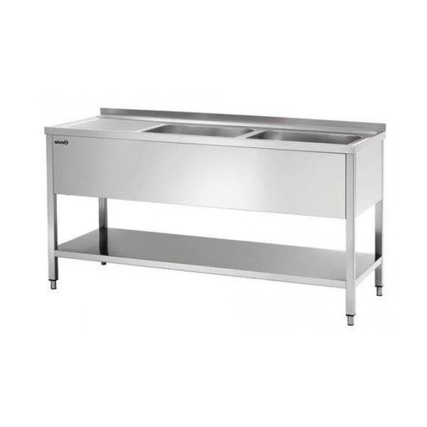 RVS spoelwerktafel met 2 spoelbakken rechts en bodemschap + achteropstand | 1600x700x850(h)mm