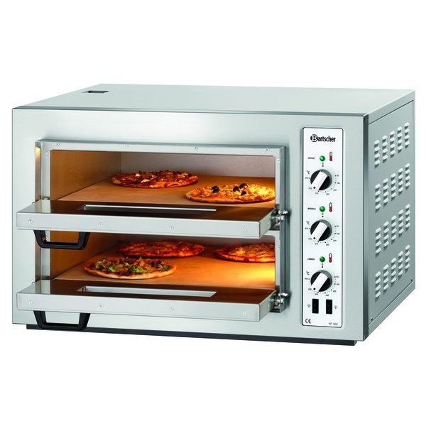 Pizzaoven | Elektrisch | RVS | 4+4 Ø25cm | 2 Kamers | Boden van Vuurvaste Klei | 800x750x510(h)mm