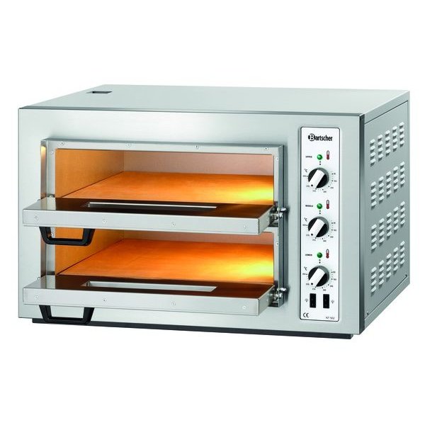 Pizzaoven | Elektrisch | RVS | 4+4 Ø25cm | 2 Kamers | Boden van Vuurvaste Klei | 800x750x510(h)mm