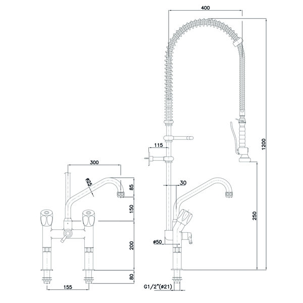 Voorspoeldouche messing/staal | Zwenkbare kraan 180°  | 515x415x1220(h)mm
