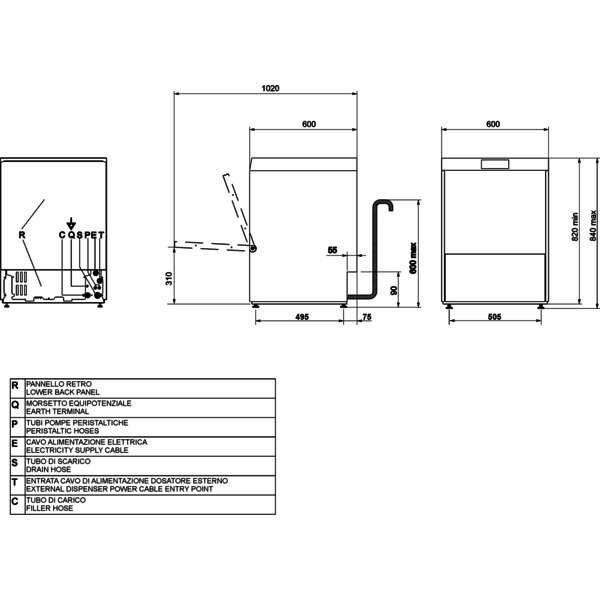 Horeca Vaatwasser | EASYLINE | Dubbele Belading | Mand 500x500mm | 230V | Afvoerpomp | Zeeppomp | Naglanspomp | Breaktank | 600x600x820(h)mm