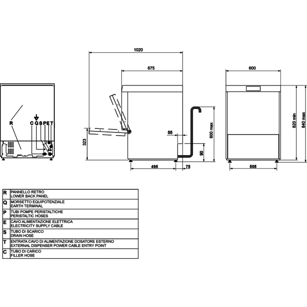 Horeca Vaatwasser | TOPLINE | Touchscreen | Dienbladen/Kratten | Mand 500x500/600x400mm | 230V | Afvoerpomp | Zeeppomp | Naglanspomp | Breaktank | 600x600x820(h)mm