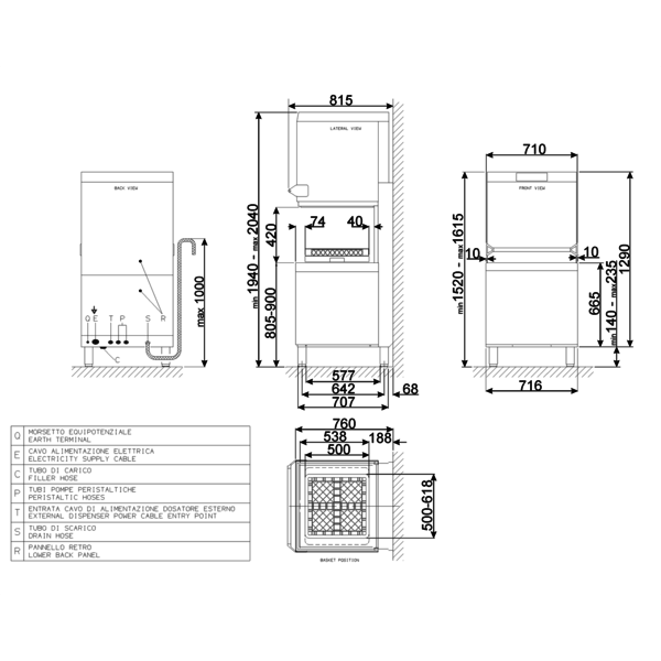 Doorschuifvaatwasser EASYLINE | Naglans/Zeep/Afvoerpomp | Mand 600x500mm | 716x760x1580/2000(h)mm