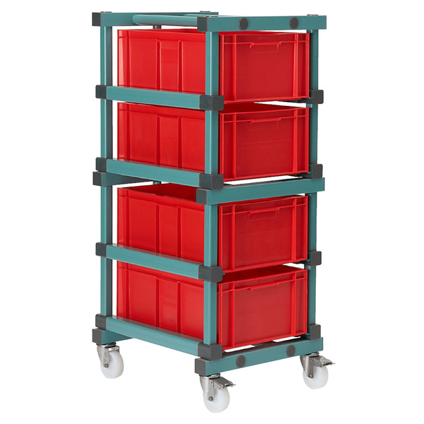 REA bakkenwagen met 4 etages 220mm en wielen | EN 600x400mm | 540x660x1320(h)mm