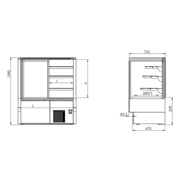 Koelvitrine | 570L | Zwart | +2°C/+8°C | 4 Schappen | 1500x785x1400(h)mm