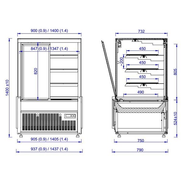 Koelvitrine | 630L | Zwart | +4°C/+12°C | 4 Schappen | 1437x800x1400(h)mm