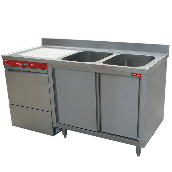 Horeca Vaatwasser | Met Spoeltafel | Op Kast + Schuifdeuren Rechts | 500x500mm mand | 400V | 1600x700x880/900(h)mm