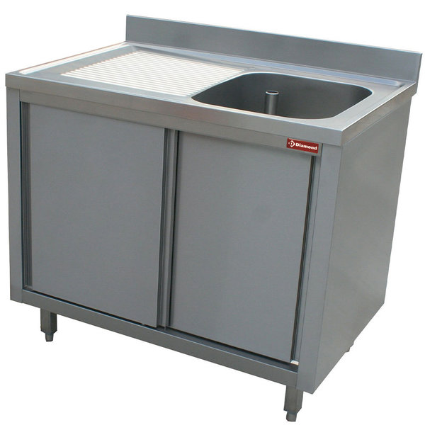 Spoeltafel | 1 Kuip 600x500x275(h)mm + 1 Druipvlak | Op Kast + 2 Schuifdeuren | 1400x700x880/900(h)mm