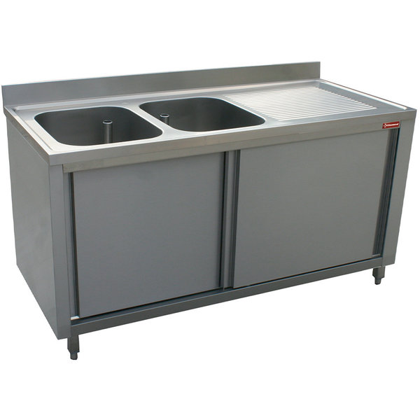 Spoeltafel | 2 Kuipen 400x500x275(h)mm + 1 Druipvlak | Op kast + 2 Schuifdeuren | 1600x700x880/900(h)mm
