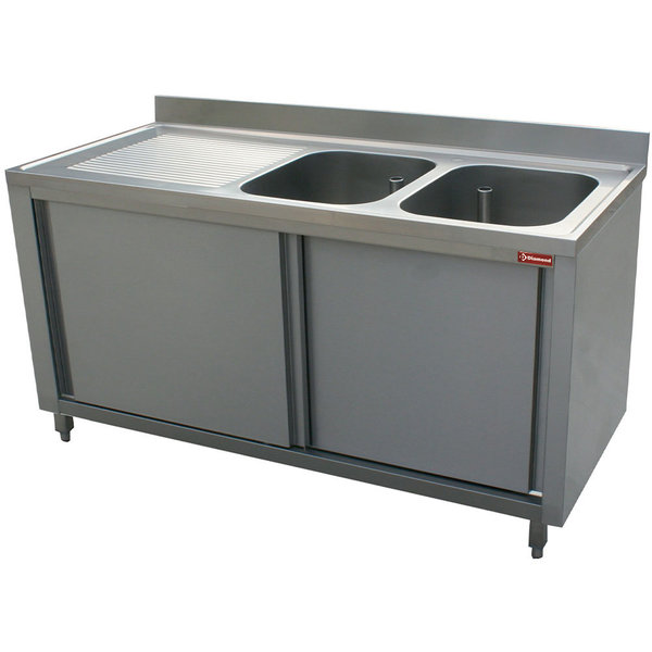 Spoeltafel | 2 Kuipen 400x500xh275(h)mm + 1 Druipvlak | Op Kast + 2 Schuifdeuren | 1600x700x880/900(h)mm