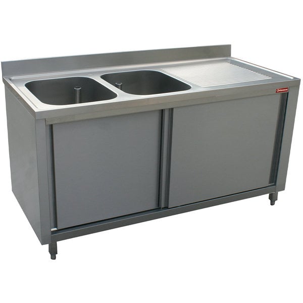 Spoeltafel | 2 Kuipen 600x500xh325(h)mm + 1 Druipvlak | Op Kast + 2 Schuifdeuren | 2000x700x880/900(h)mm