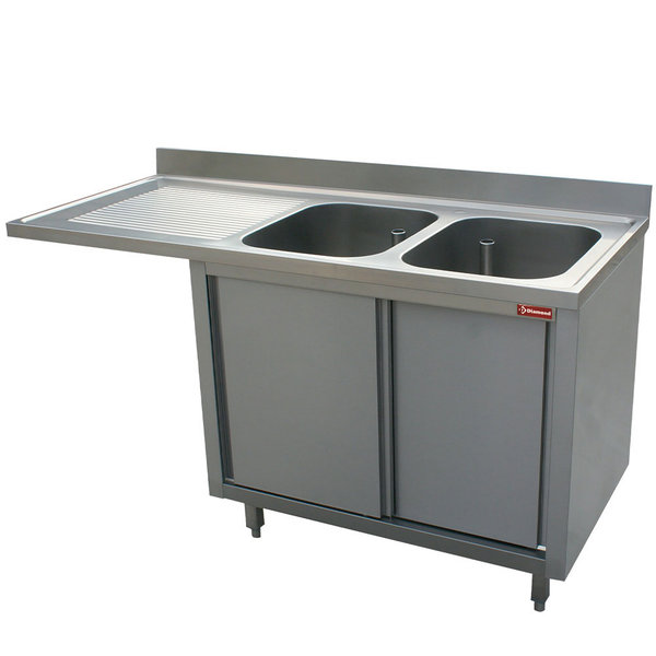 Spoeltafel | Met 2 Kuipen 500x500x325(h)mm + 1 Druipvlak | Op Kast + 2 Schuifdeuren + Ruimte Vaatwasser | 1800x700x880/900(h)mm
