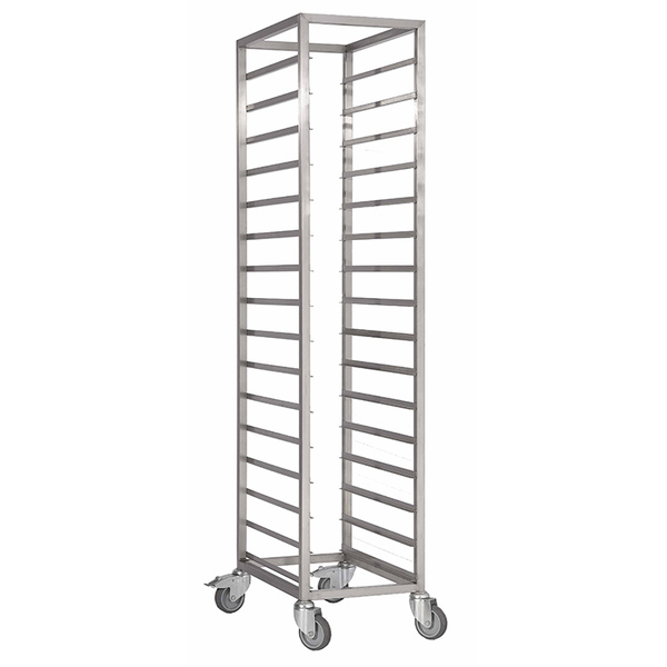 RVS Regaalwagen | 18 Etages | 4 Zwenkwielen (2 Geremd) | Bladen 600x400mm | 460x650x1800(h)mm