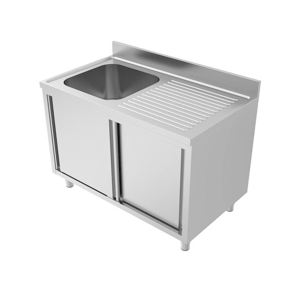 RVS spoeltafel met achteropstand | 1 spoelbak links - druipvlak rechts | 2 schuifdeuren | 1400x700x850(h)mm
