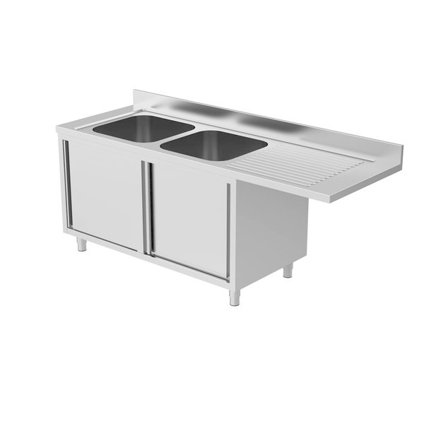 RVS spoeltafel met opstaande rand & schuifdeuren | 2 kuipen links met ruimte voor vaatwasser | 2000x700x850(h)mm