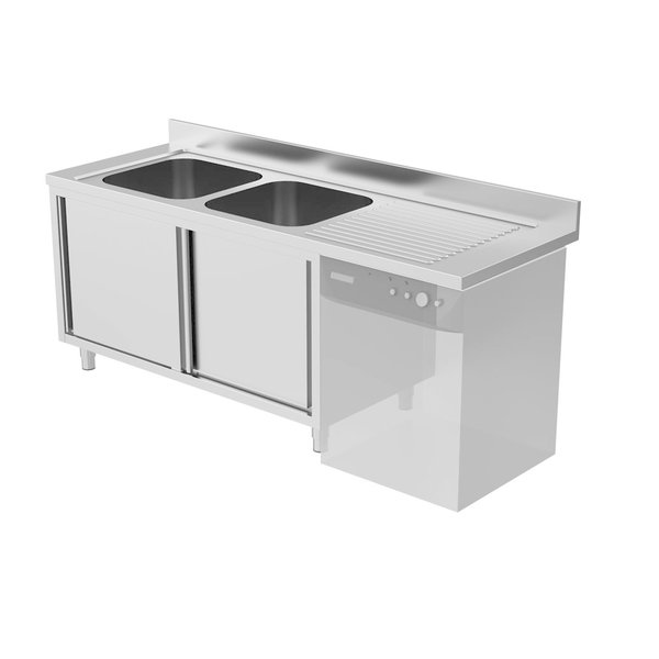 RVS spoeltafel met opstaande rand & schuifdeuren | 2 kuipen links met ruimte voor vaatwasser | 2000x700x850(h)mm