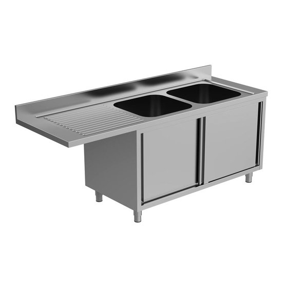 RVS spoeltafel met opstaande rand & schuifdeuren | 2 kuipen recht met ruimte voor vaatwasser | 1800x700x850(h)mm