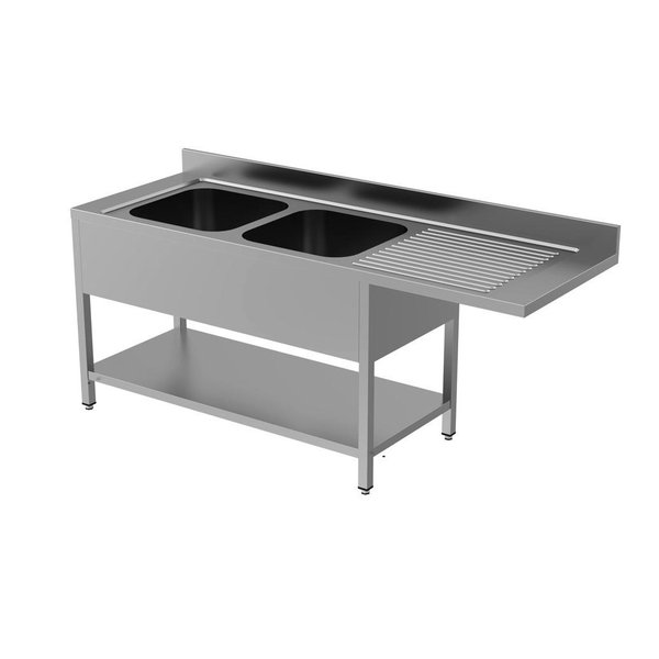 RVS spoeltafel met achteropstand en bodemschap zelfmontage | 2 kuipen links met ruimte voor vaatwasser | 2000x700x850(h)mm