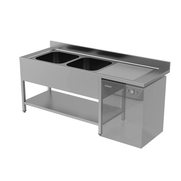 RVS spoeltafel met achteropstand en bodemschap zelfmontage | 2 kuipen links met ruimte voor vaatwasser | 2000x700x850(h)mm