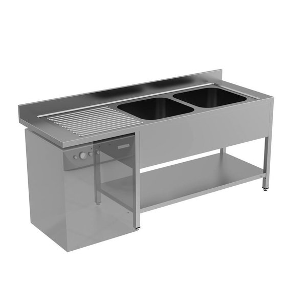 RVS spoeltafel met achteropstand en bodemschap zelfmontage | 2 kuipen rechts met ruimte voor vaatwasser | 2000x700x850(h)mm