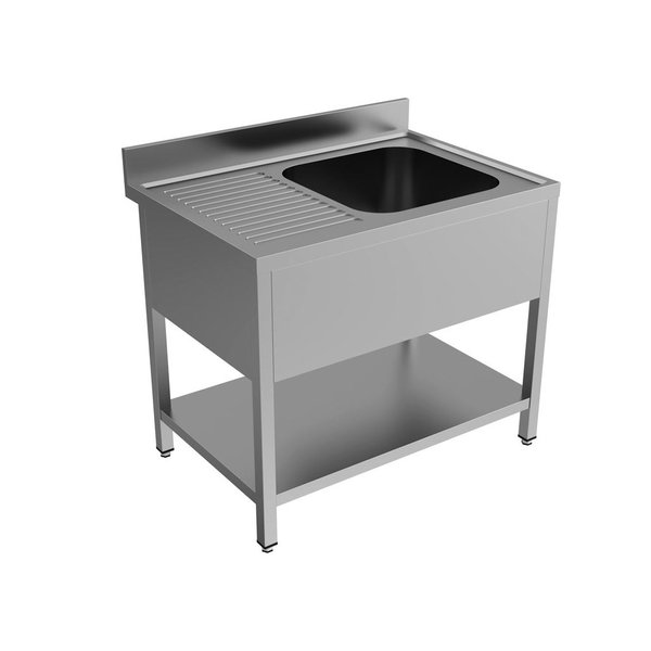 RVS Spoelwerktafel met rechts 1 spoelbak en bodemschap zelfmontage | Met achteropstand  | 1000x700x850(h)mm