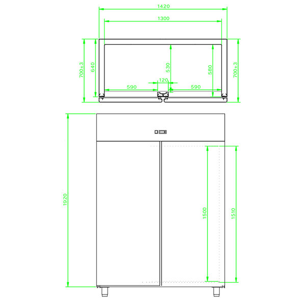 Vrieskast | 1200L | RVS | -18°C/-22°C | Geventileerd | 0.7kW | 1420x700x2030(h)mm