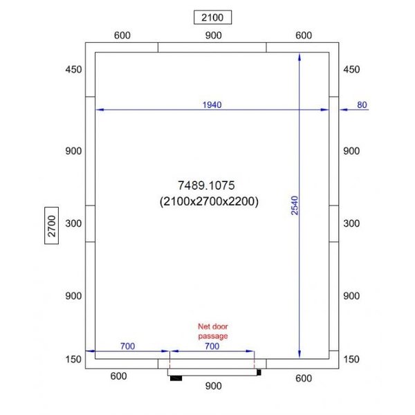Vriescel | PRO LINE | Incl. Motor | 10.1m³ | -10°C/-20°C | Isolatie 80mm | 400V | 2100x2700x2200(h)mm