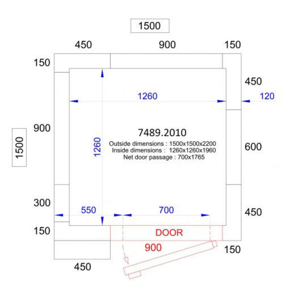 Vriescel | PRO LINE | Incl. Motor | 3.1m³ | -10°C/-25°C | Isolatie 120mm | 230V | 1500x1500x2200(h)mm