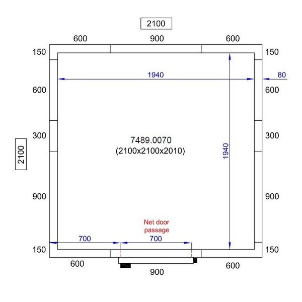 Koelcel | PRO LINE | Incl. Motor | 6.9m³ | -5°C/+15°C | Isolatie 80mm | 230V | 2100x2100x2010(h)mm