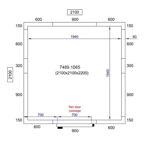 Koelcel | PRO LINE | Incl. Motor | 7.7m³ | -5°C/+15°C | Isolatie 80mm | 230V | 2100x2100x2200(h)mm
