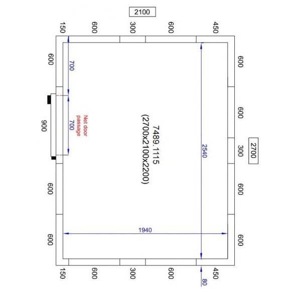 Koelcel | PRO LINE | Incl. Motor | 10.1m³ | 0°C/+5°C | Isolatie 80mm | 230V | 2700x2100x2200(h)mm