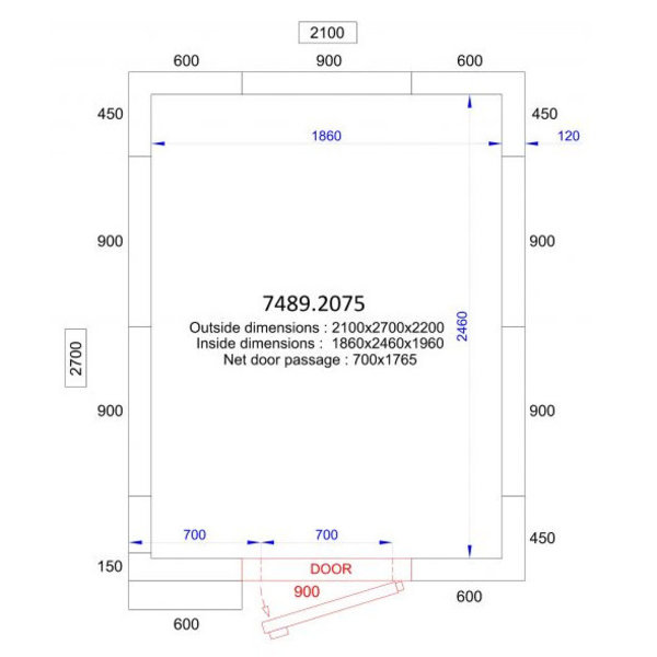 Koelcel | PRO LINE | Incl. Motor | 9m³ | -5°C/+15°C | Isolatie 120mm | 230V | 2100x2700x2200(h)mm