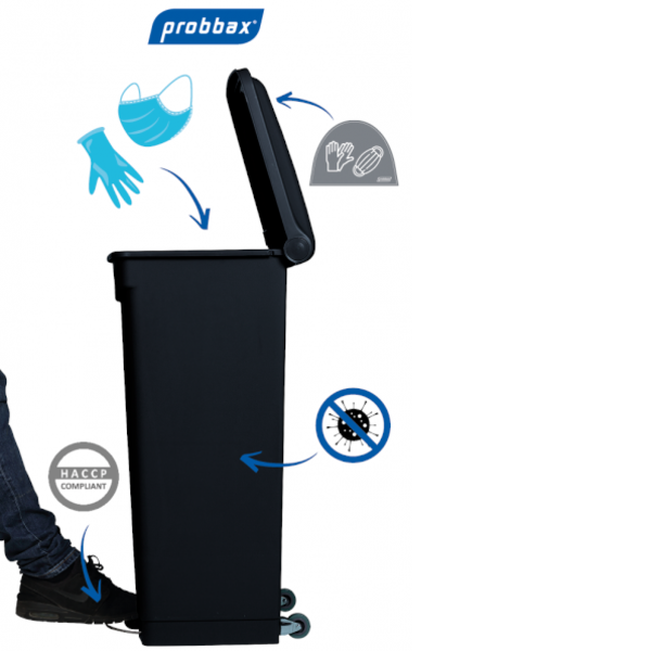 Pedaalemmer | Kunststof (Zwart) | 45L | Klapdeksel | Hygiëne (HACCP) + Antibacterieel | 410x398x600(h)mm