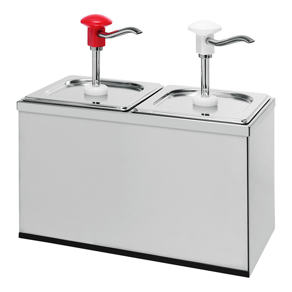 Sausdispenser met rode en witte drukknop | 2x 3L | Portie ml/gr: 30ml| 335x180x340(h)mm