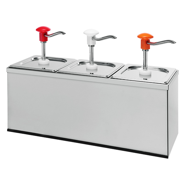Sausdispenser met rode, witte & gele drukknop | 3x 3L | Portie ml/gr: 30ml| 335x180x340(h)mm